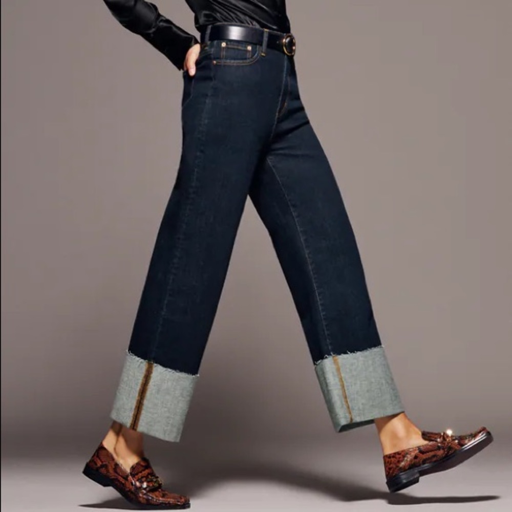 Zara ZW Folded Up Wide Leg Jeans, Dark Blue NWT